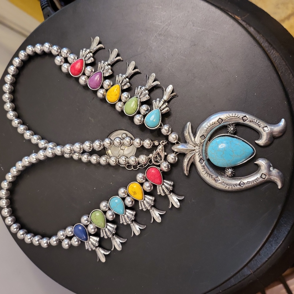 Cool Squash Blossom Faux Turquoise White Metal Necklace